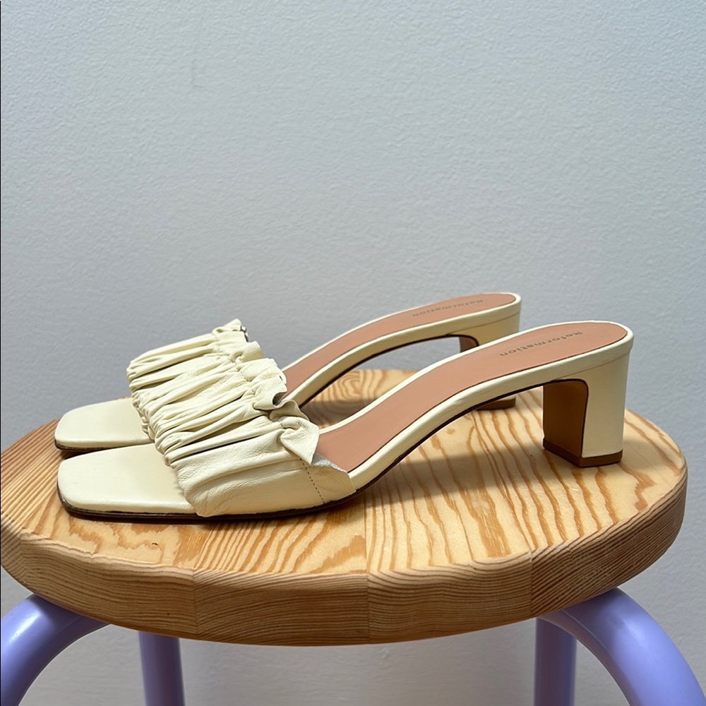 Reformation Shereen Ruched Block Heel Mule in Butter Yellow
